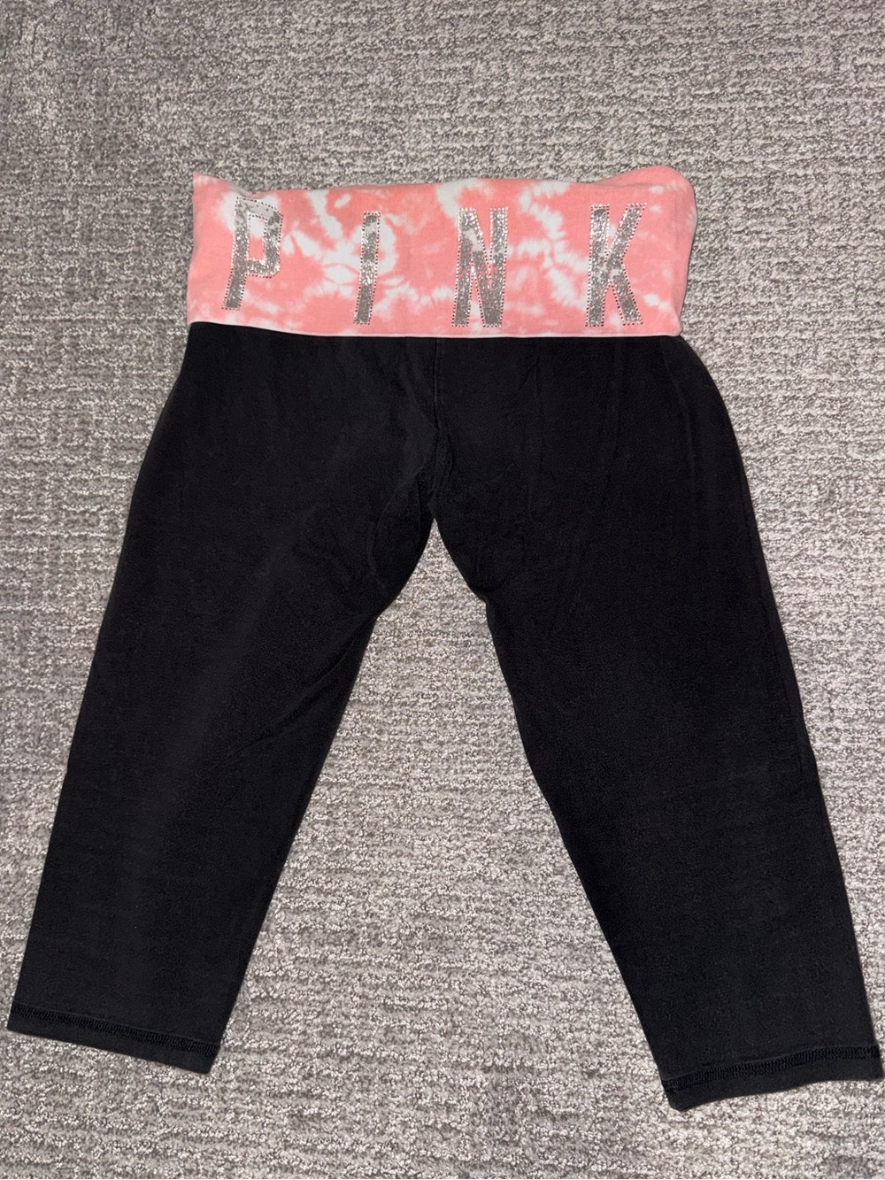 Women’s PINK Victoria's Secret Black Capri Leggings with Pink Tie-Dye Waistband